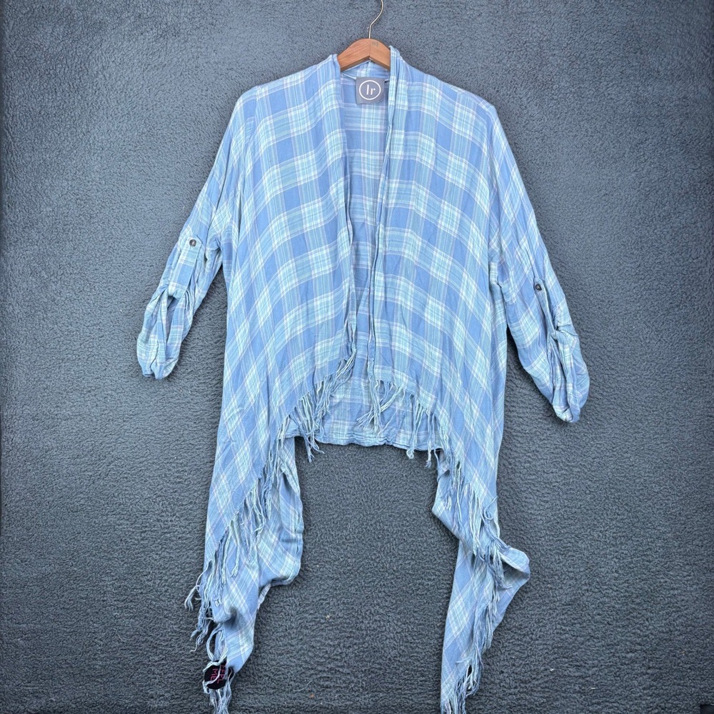 LR‎ Blue White Plaid Fringe Hem Open Front Kimono Cardigan Wrap Top Women OS